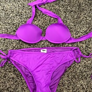 Purple two piece push bikini, size small, polyester material
